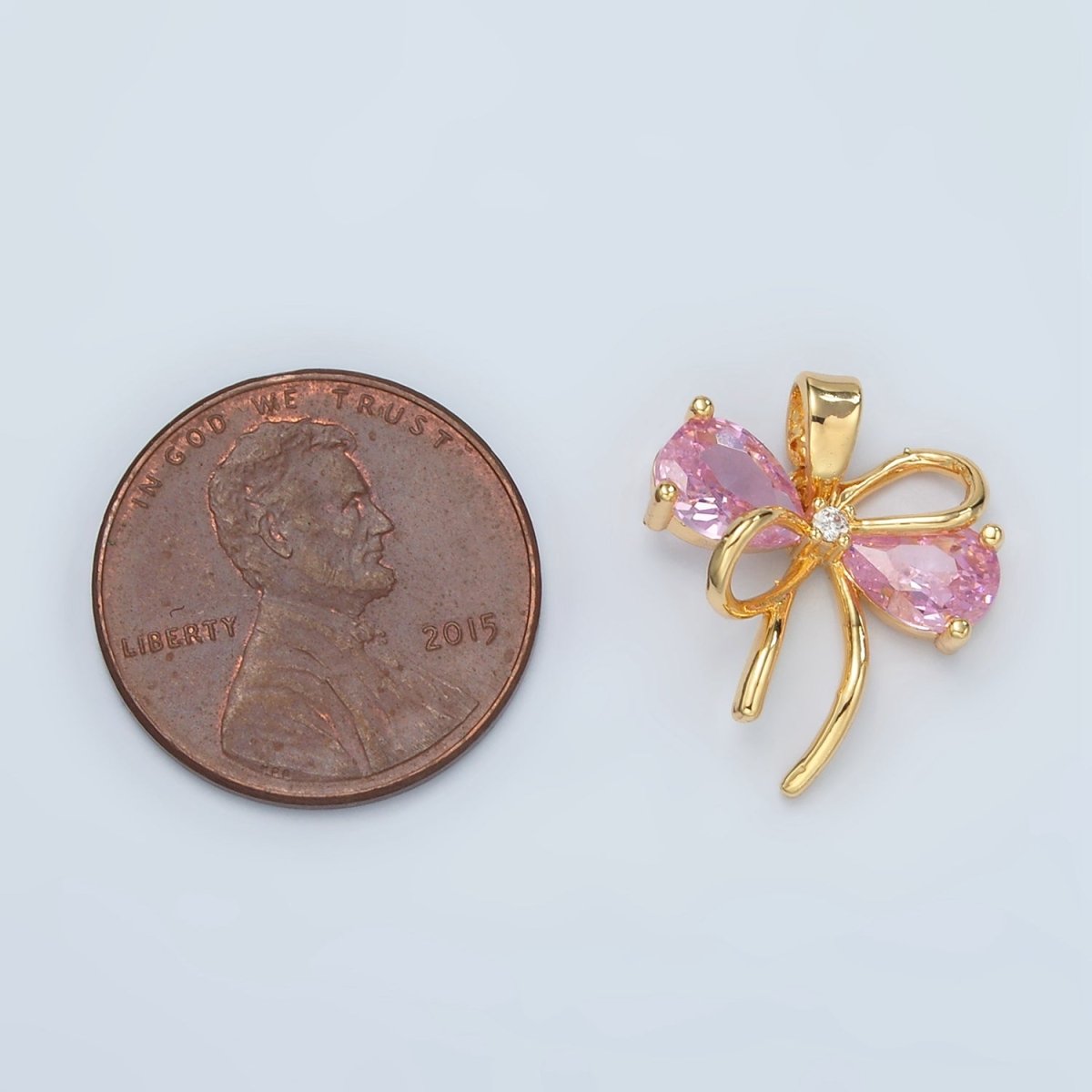 24K Gold Filled Clear, Pink CZ Bow Ribbon Pendant | H859 - DLUXCA