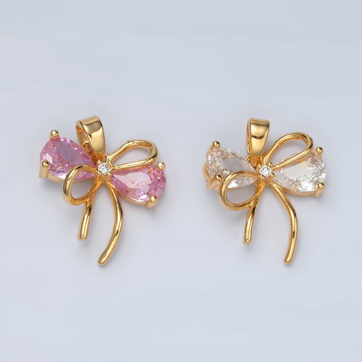 24K Gold Filled Clear, Pink CZ Bow Ribbon Pendant | H859 - DLUXCA