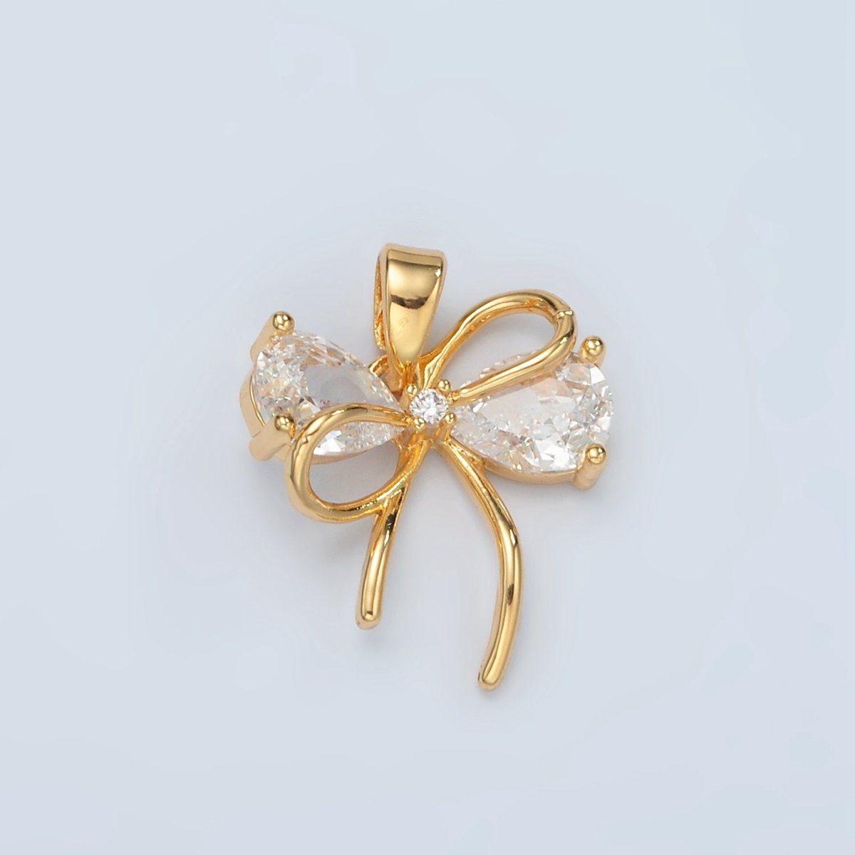 24K Gold Filled Clear, Pink CZ Bow Ribbon Pendant | H859 - DLUXCA