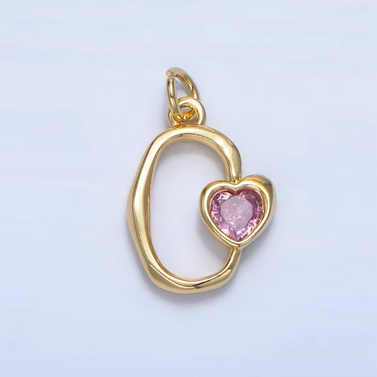 24K Gold Filled Clear, Pink CZ Heart Open Molten Oblong Charm | X856 - DLUXCA