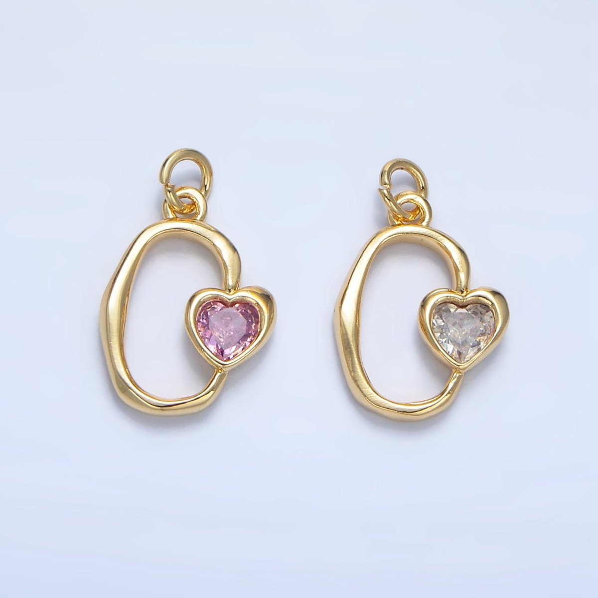 24K Gold Filled Clear, Pink CZ Heart Open Molten Oblong Charm | X856 - DLUXCA