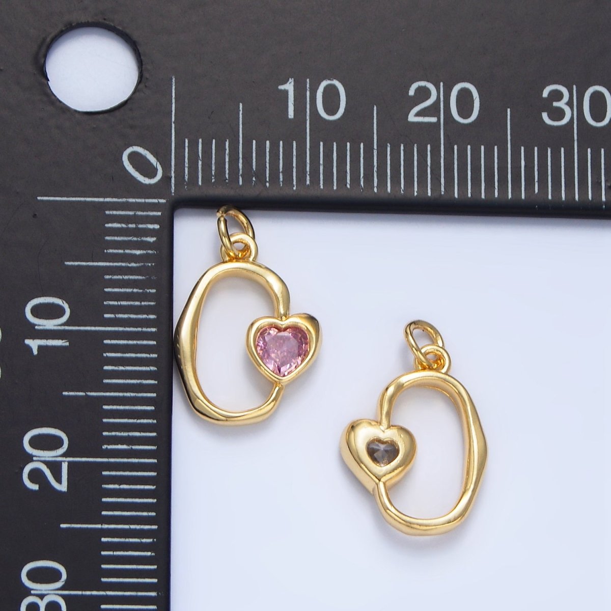 24K Gold Filled Clear, Pink CZ Heart Open Molten Oblong Charm | X856 - DLUXCA