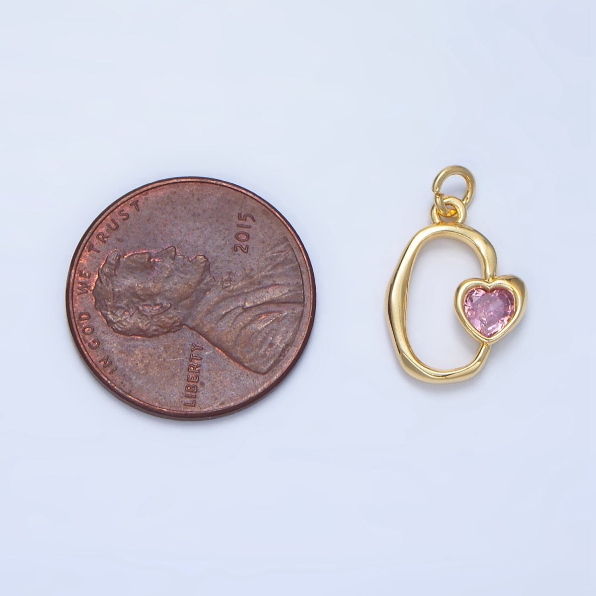 24K Gold Filled Clear, Pink CZ Heart Open Molten Oblong Charm | X856 - DLUXCA