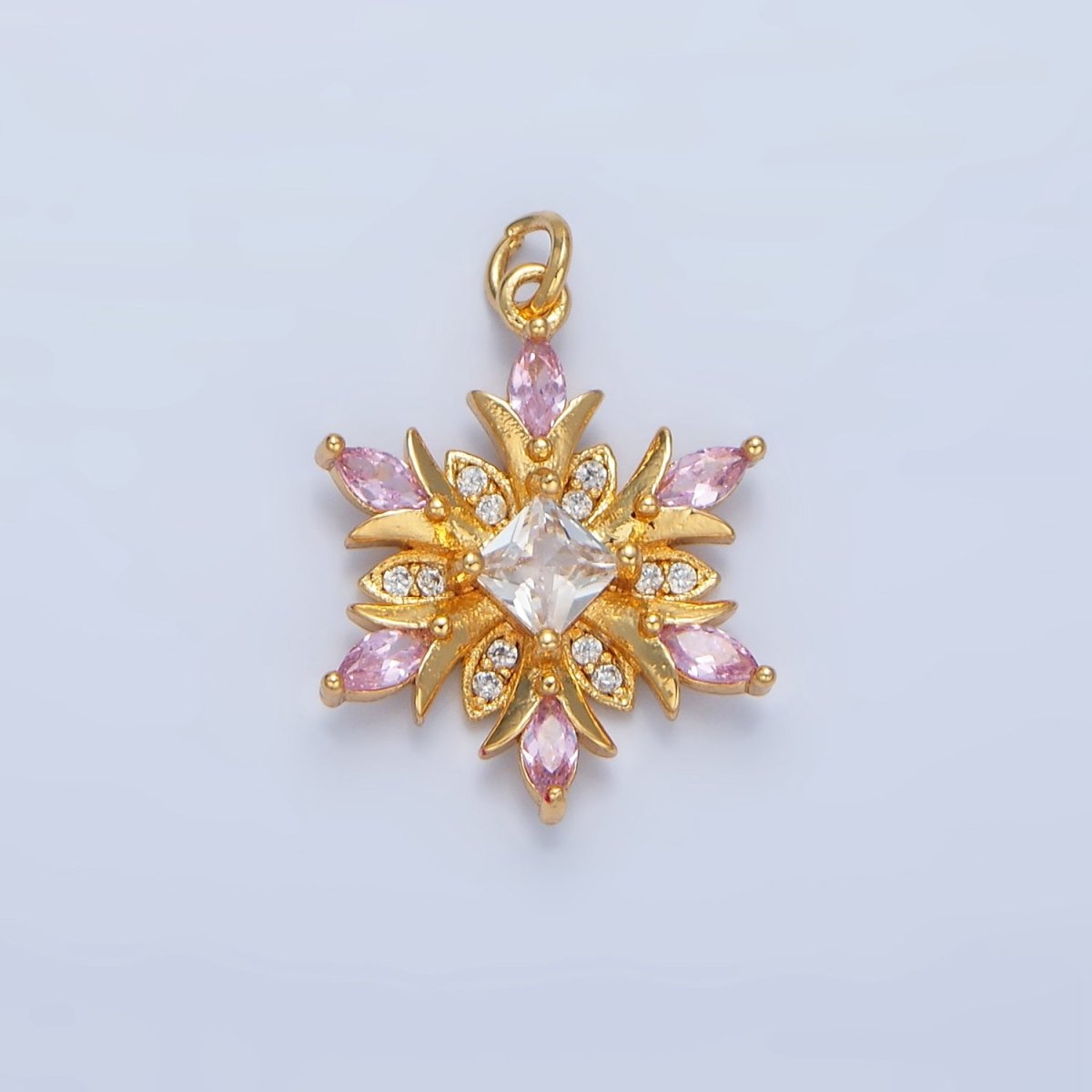 24K Gold Filled Clear, Pink CZ Micro Paved Flower Charm | W081 - DLUXCA