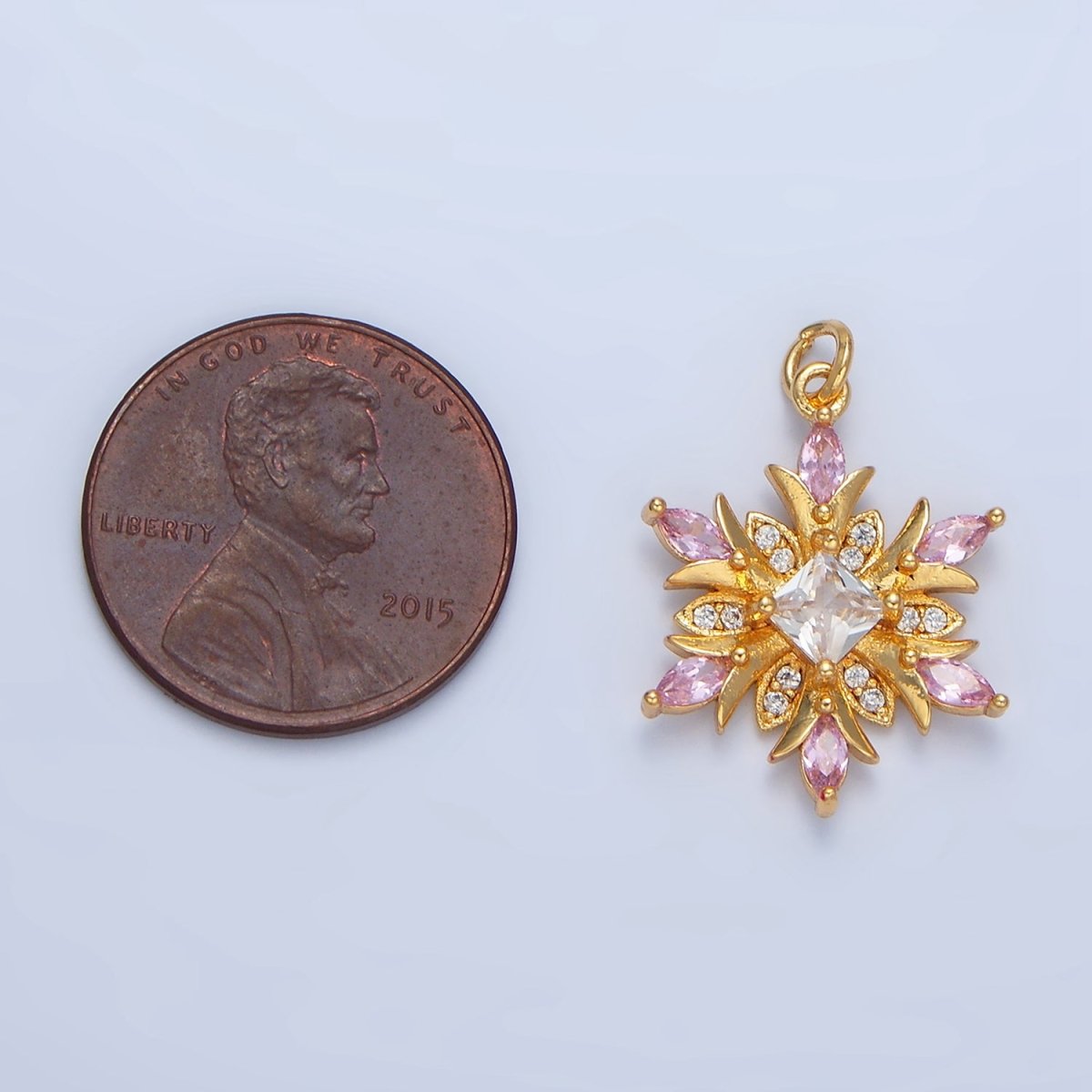 24K Gold Filled Clear, Pink CZ Micro Paved Flower Charm | W081 - DLUXCA