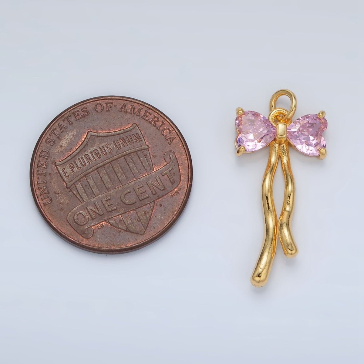 24K Gold Filled Clear, Pink CZ Ribbon Bow Drop Mini Charm | AC101 - DLUXCA