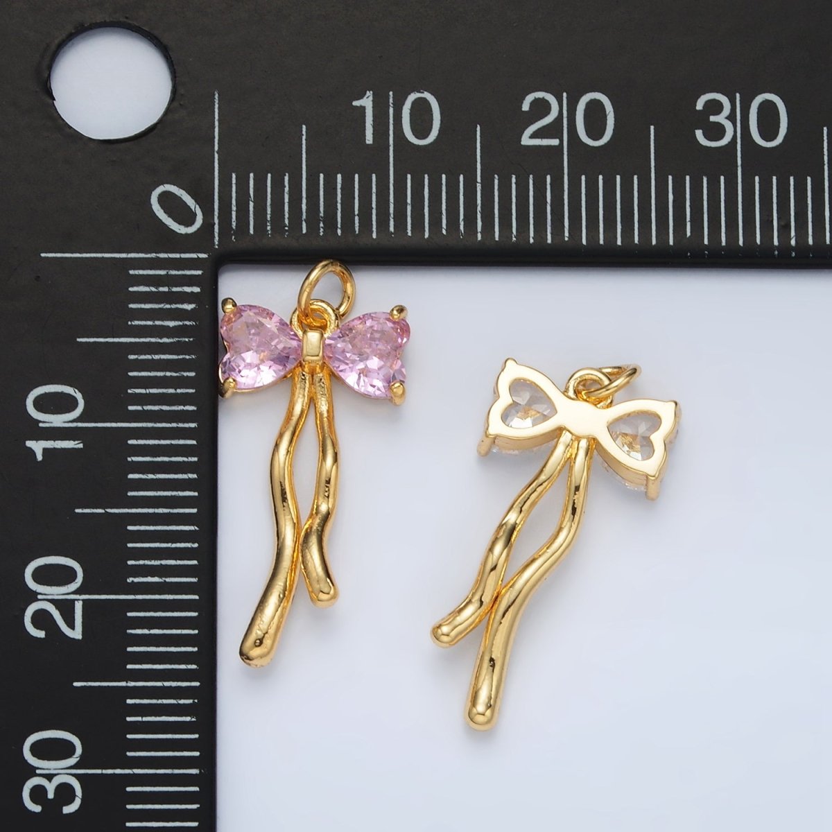 24K Gold Filled Clear, Pink CZ Ribbon Bow Drop Mini Charm | AC101 - DLUXCA