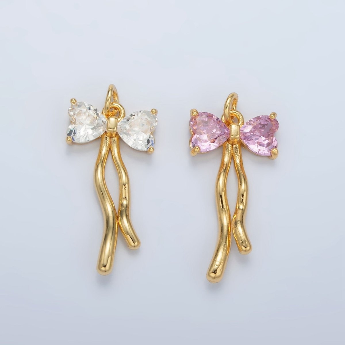 24K Gold Filled Clear, Pink CZ Ribbon Bow Drop Mini Charm | AC101 - DLUXCA