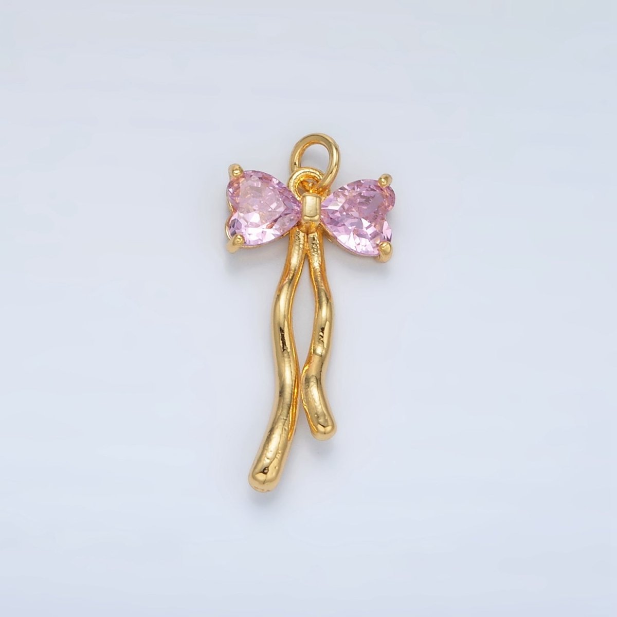 24K Gold Filled Clear, Pink CZ Ribbon Bow Drop Mini Charm | AC101 - DLUXCA