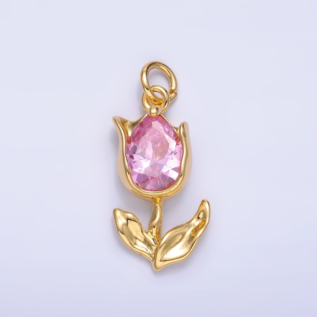 24K Gold Filled Clear, Pink CZ Tulip Charm in Gold & Silver | W819 W820 - DLUXCA