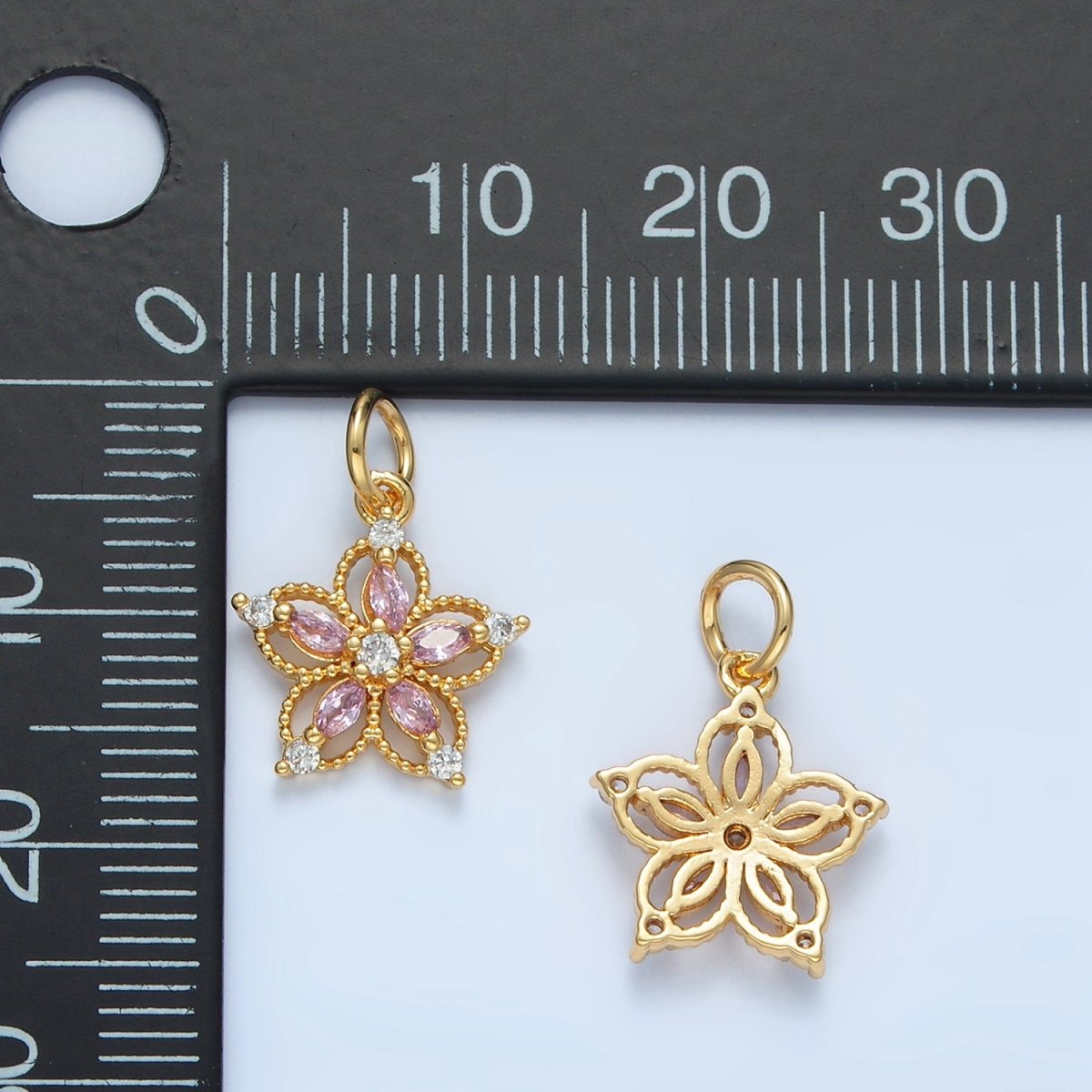 24K Gold Filled Clear, Pink, Purple CZ Marquise Open Flower Charm | N1378 - DLUXCA