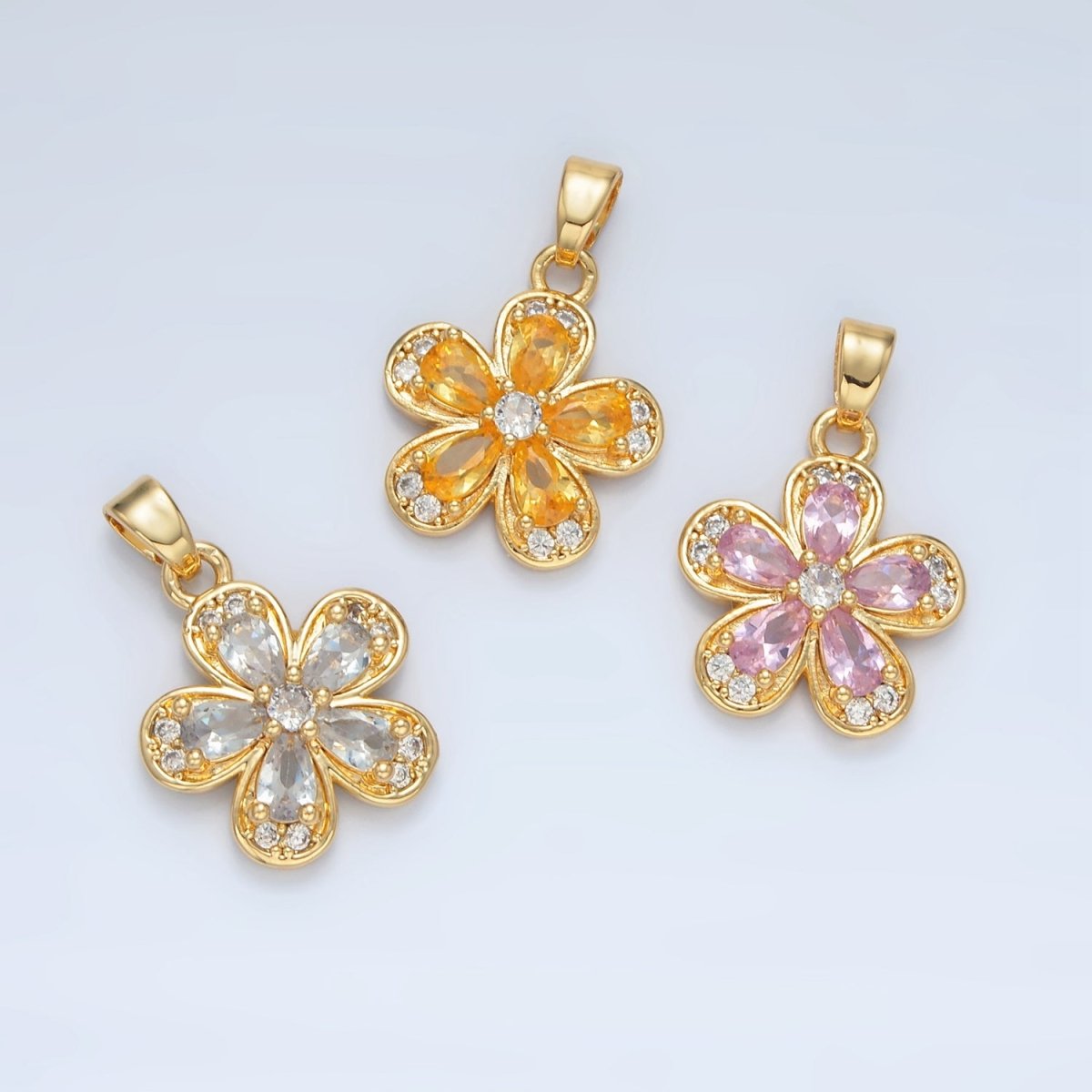 24K Gold Filled Clear, Pink, Yellow CZ Flower Pendant | AA877 AA878 - DLUXCA