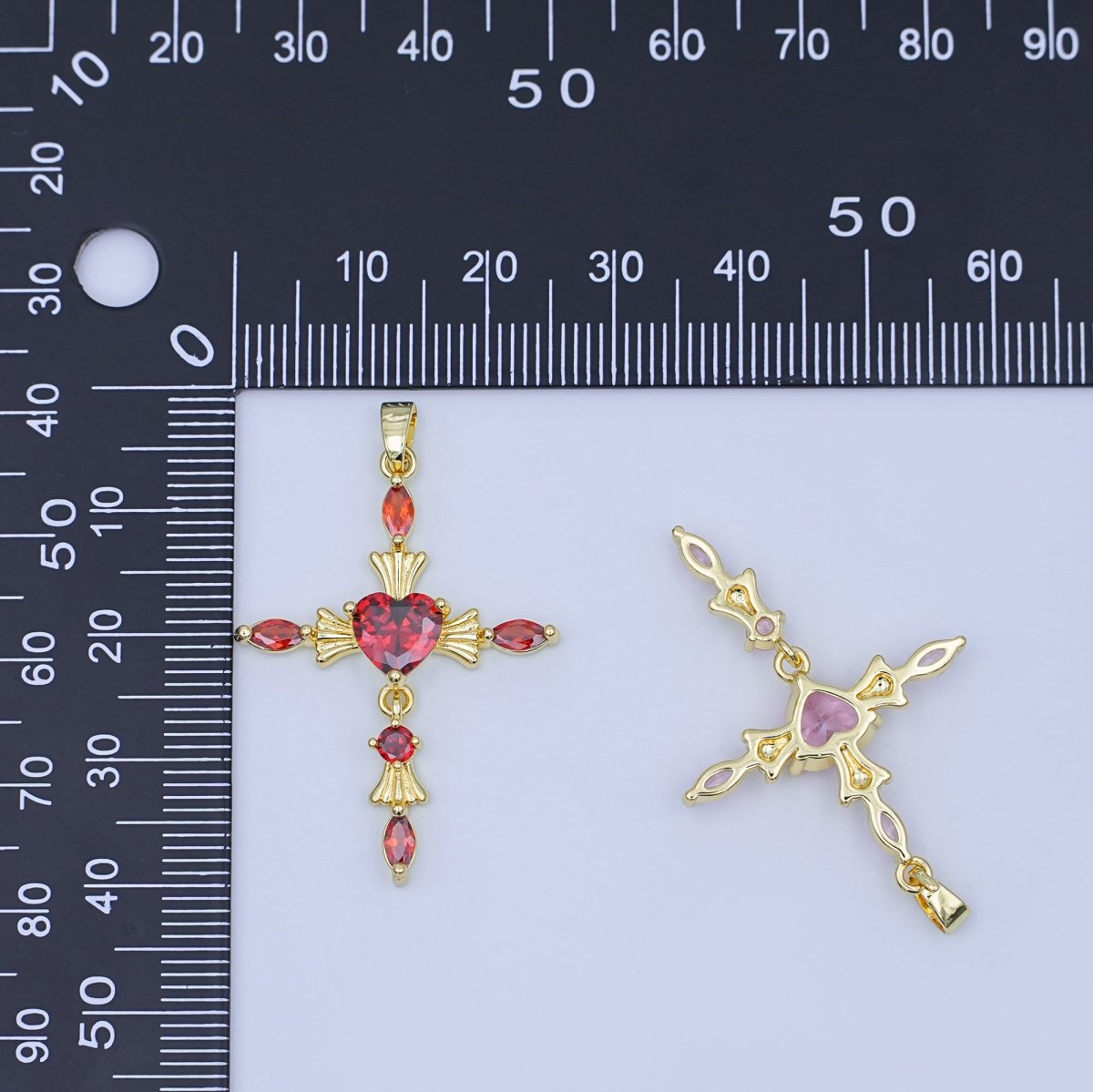 24K Gold Filled Clear, Purple, Pink, Red Marquise Heart Religious Cross Pendant | AH436 AH437 - DLUXCA