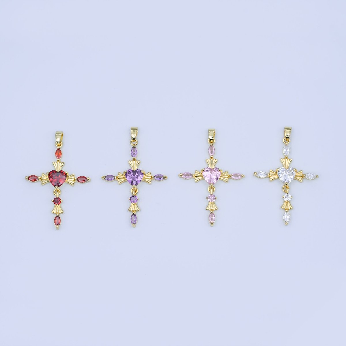 24K Gold Filled Clear, Purple, Pink, Red Marquise Heart Religious Cross Pendant | AH436 AH437 - DLUXCA