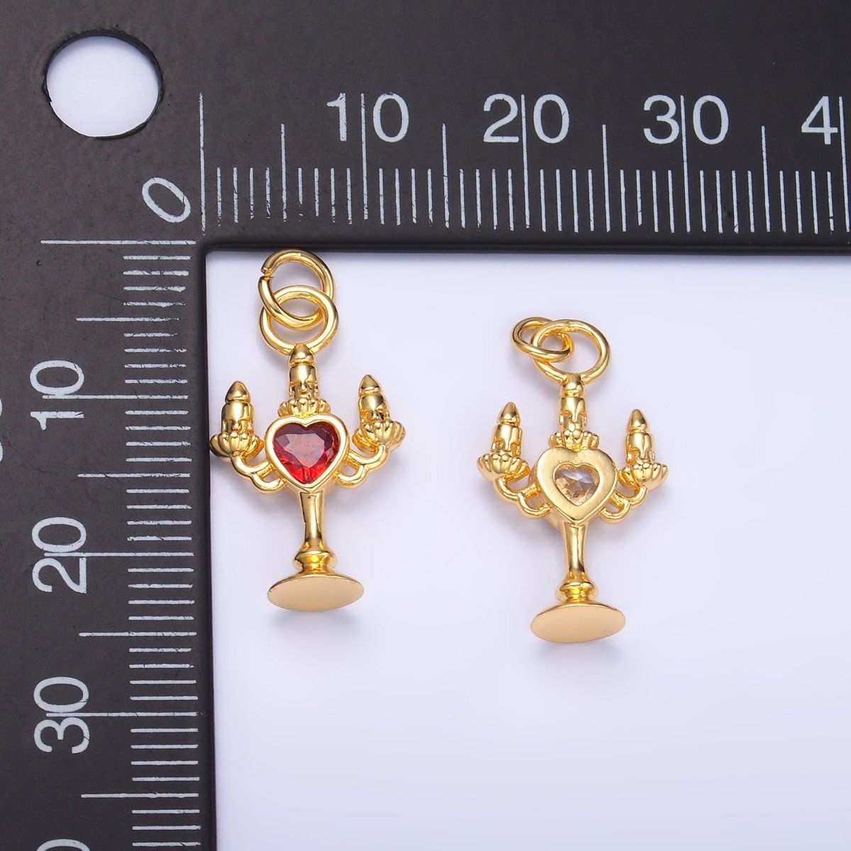 24K Gold Filled Clear, Red CZ Heart Candle Candelabrum Charm in Gold & Silver | W339 - DLUXCA