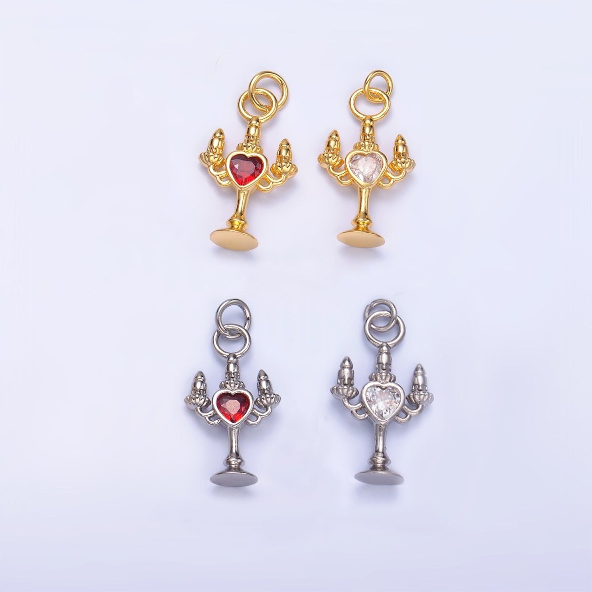 24K Gold Filled Clear, Red CZ Heart Candle Candelabrum Charm in Gold & Silver | W339 - DLUXCA