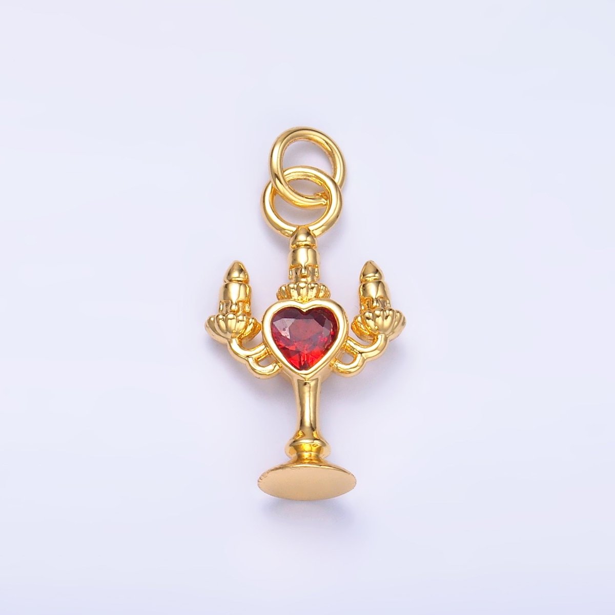 24K Gold Filled Clear, Red CZ Heart Candle Candelabrum Charm in Gold & Silver | W339 - DLUXCA