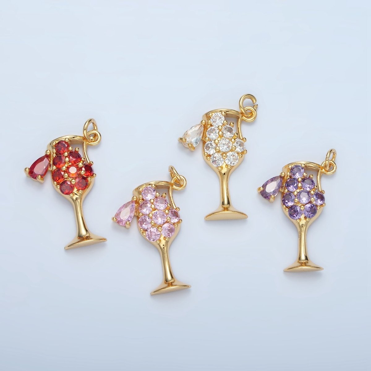 24K Gold Filled Clear, Red, Pink, Purple Micro Paved CZ Open Champagne Alcohol Drink Charm | E681 E682 - DLUXCA