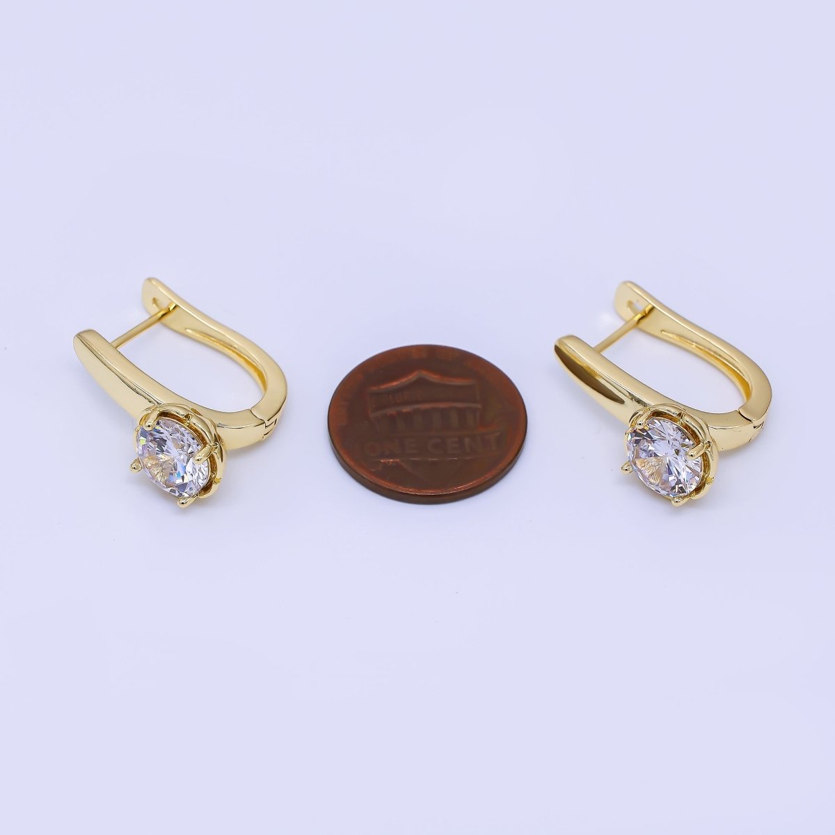 24K Gold Filled Clear Round CZ Classic Solitaire English Lock Hoops Earrings | AJ - 058 - DLUXCA