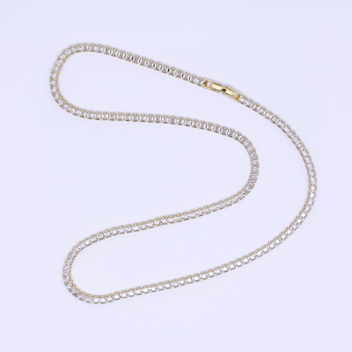 24K Gold Filled Clear Square CZ Box Clasp Tennis Necklace 17.71 Inch | WA - 3341 - DLUXCA