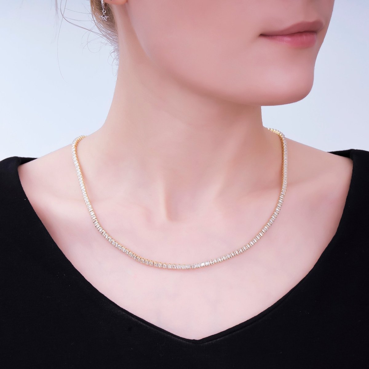 24K Gold Filled Clear Square CZ Lobster Clasp Tennis Necklace 16.14 Inch with Extender | WA - 3330 - DLUXCA