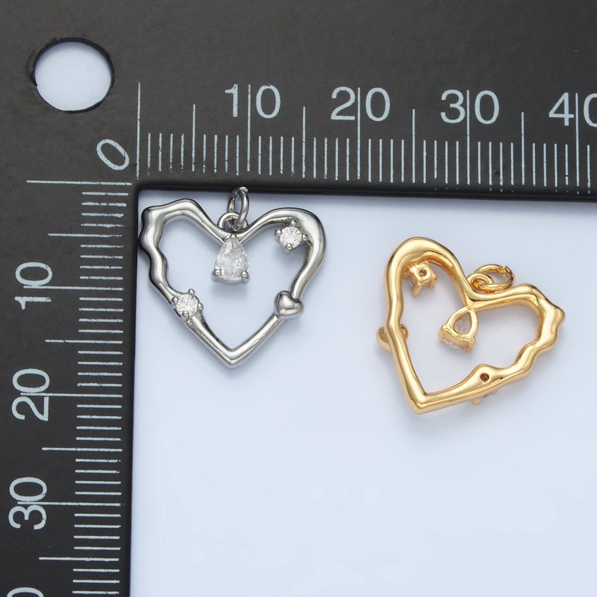 24K Gold Filled Clear Teardrop CZ Open Molten Heart Charm in Gold & Silver | E374 - DLUXCA