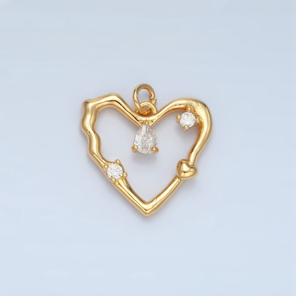 24K Gold Filled Clear Teardrop CZ Open Molten Heart Charm in Gold & Silver | E374 - DLUXCA