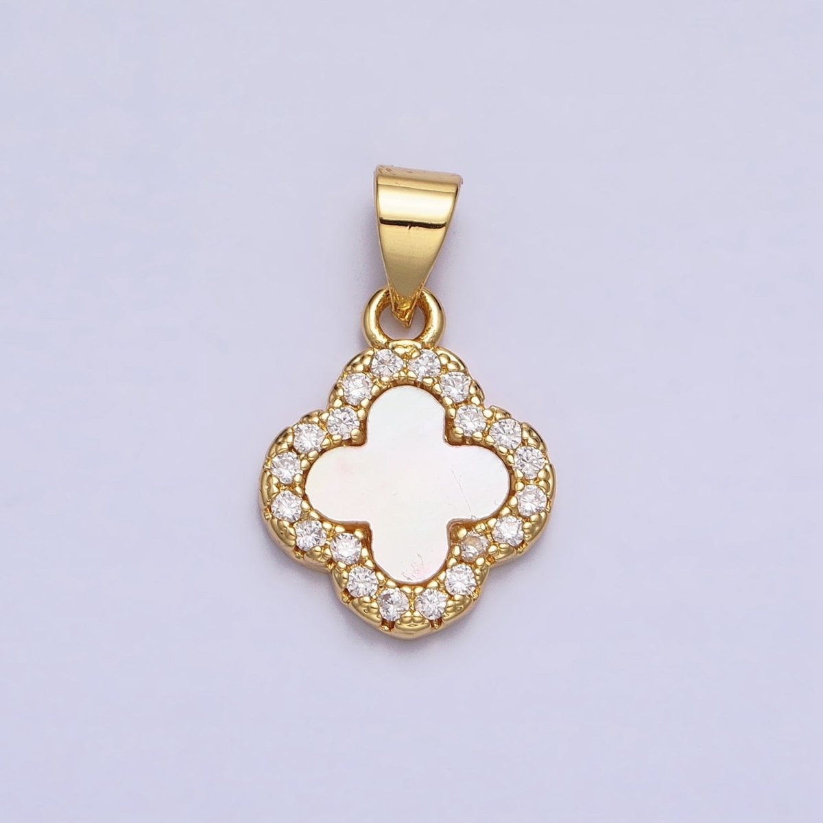 24K Gold Filled Clover Quatrefoil Shell Pearl Micro Paved CZ Pendant | AA206 - DLUXCA