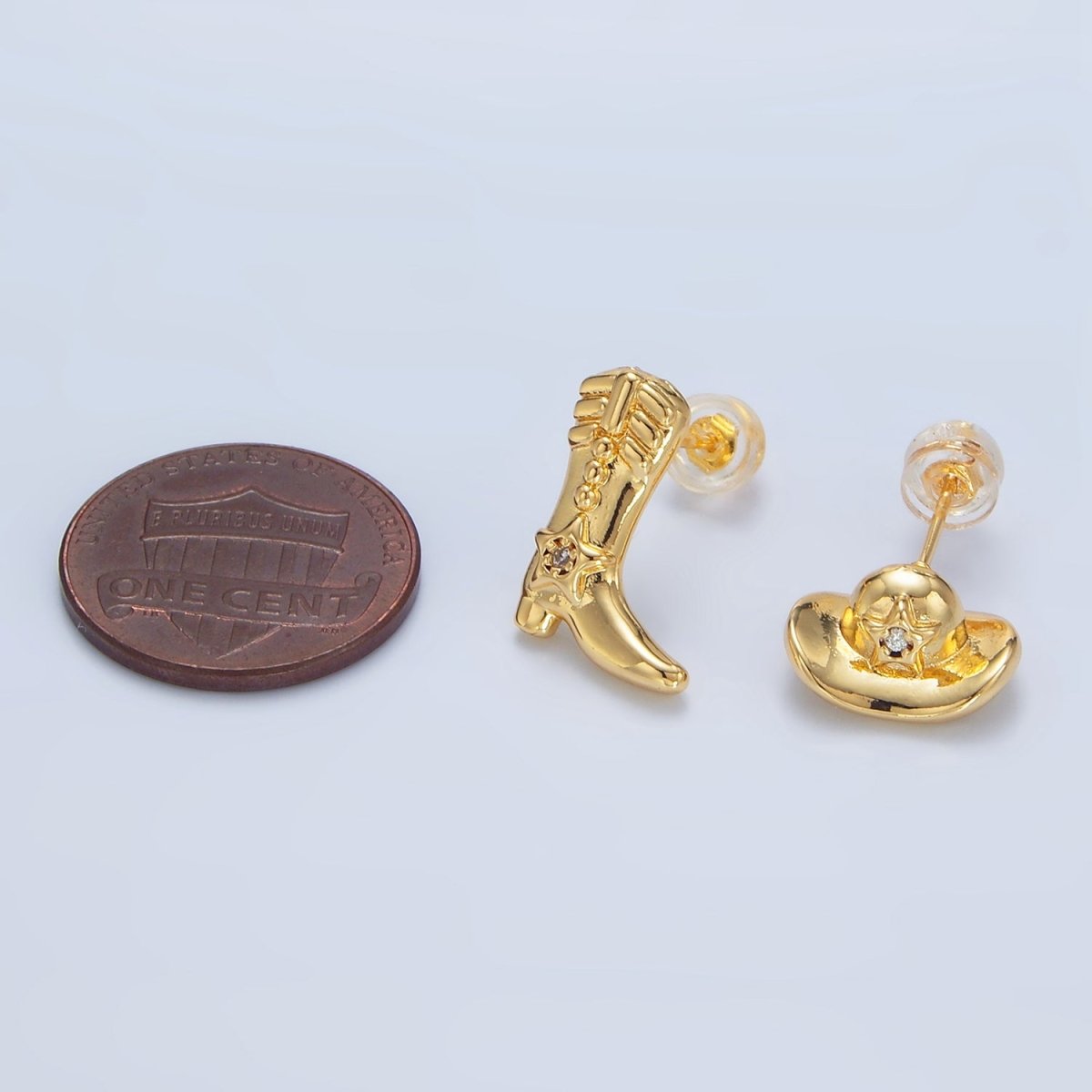 24K Gold Filled Cowboy Hat Boots CZ Stud Earrings Set in Gold & Silver | P415 - DLUXCA