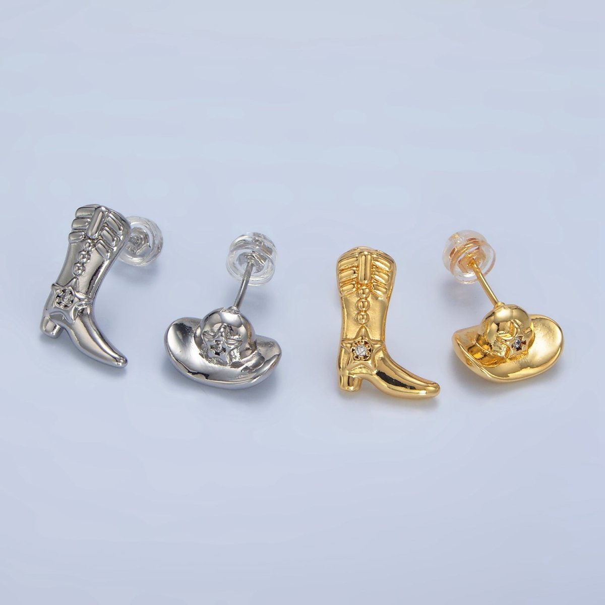 24K Gold Filled Cowboy Hat Boots CZ Stud Earrings Set in Gold & Silver | P415 - DLUXCA