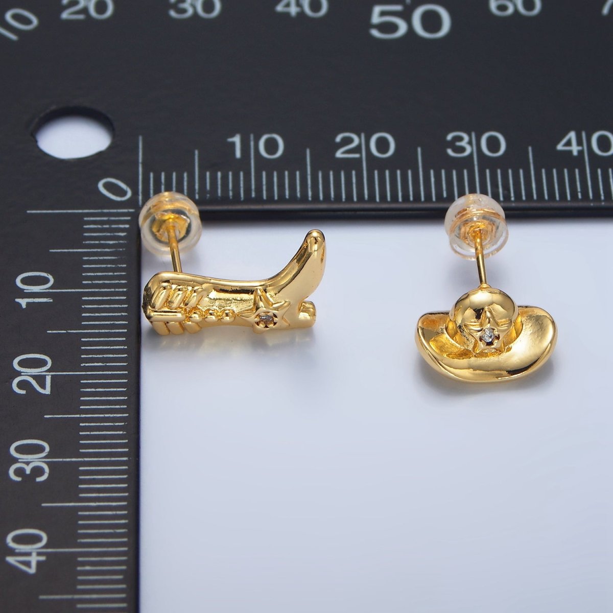 24K Gold Filled Cowboy Hat Boots CZ Stud Earrings Set in Gold & Silver | P415 - DLUXCA