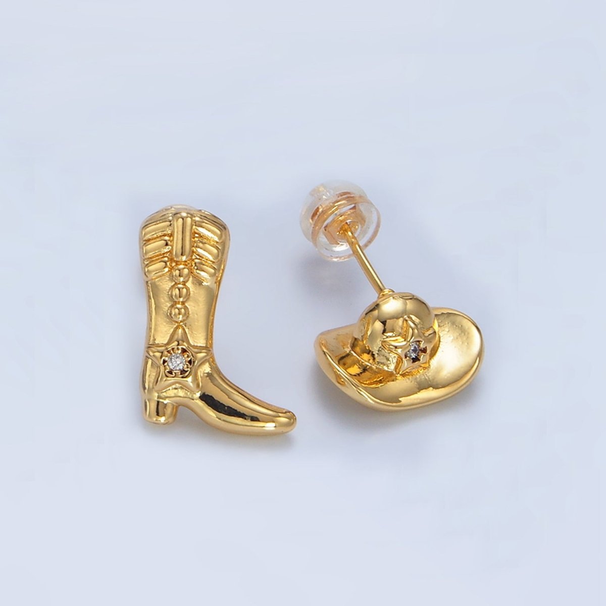 24K Gold Filled Cowboy Hat Boots CZ Stud Earrings Set in Gold & Silver | P415 - DLUXCA