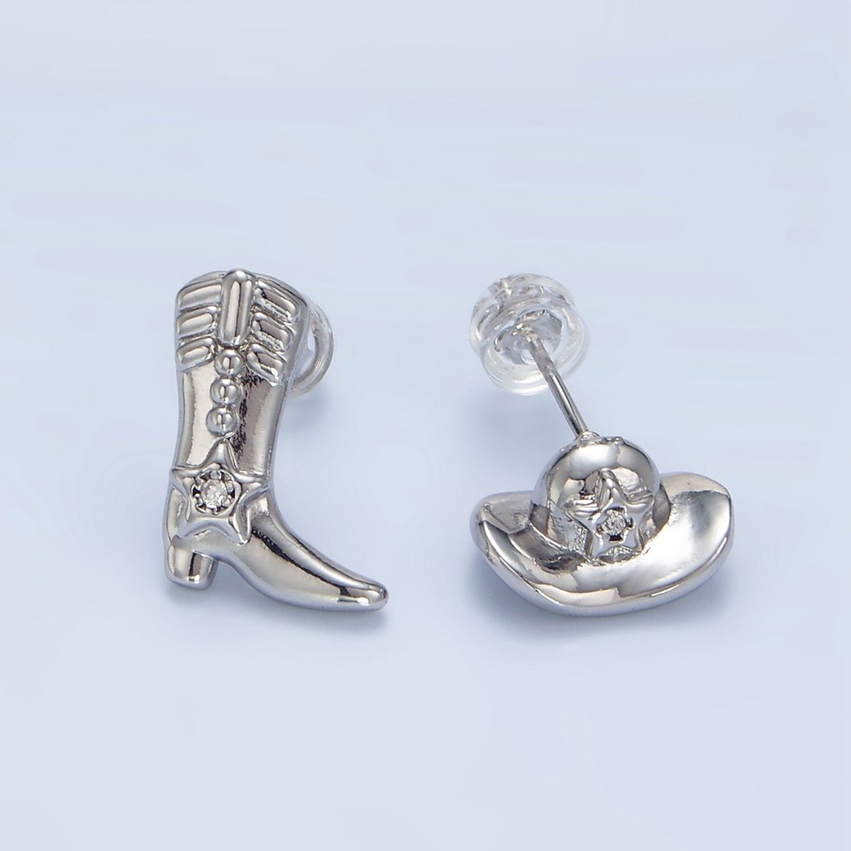 24K Gold Filled Cowboy Hat Boots CZ Stud Earrings Set in Gold & Silver | P415 - DLUXCA