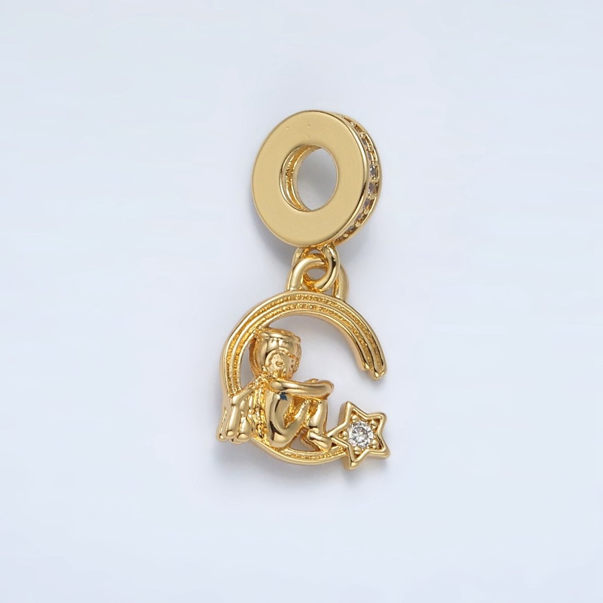 24K Gold Filled Crescent Moon Star Boy Micro Paved Rhondelle Bail Drop Pendant | AC097 - DLUXCA