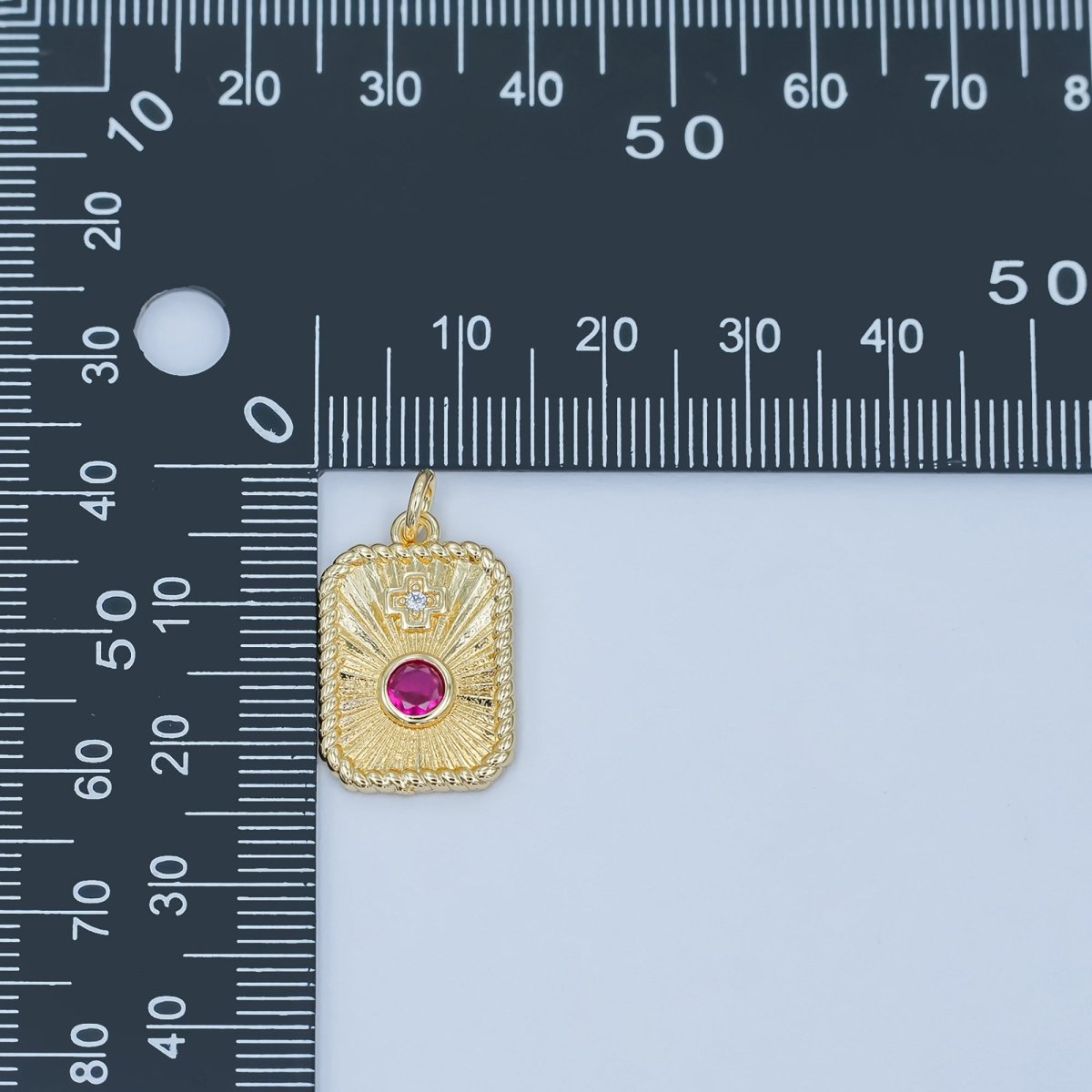 24K Gold Filled Cross Red CZ Sunburst Twisted Bezel Charm | M625 - DLUXCA