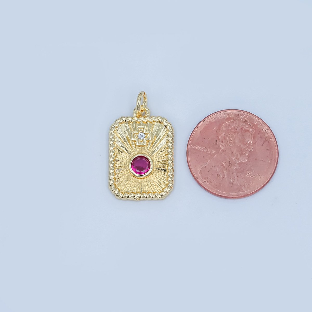 24K Gold Filled Cross Red CZ Sunburst Twisted Bezel Charm | M625 - DLUXCA