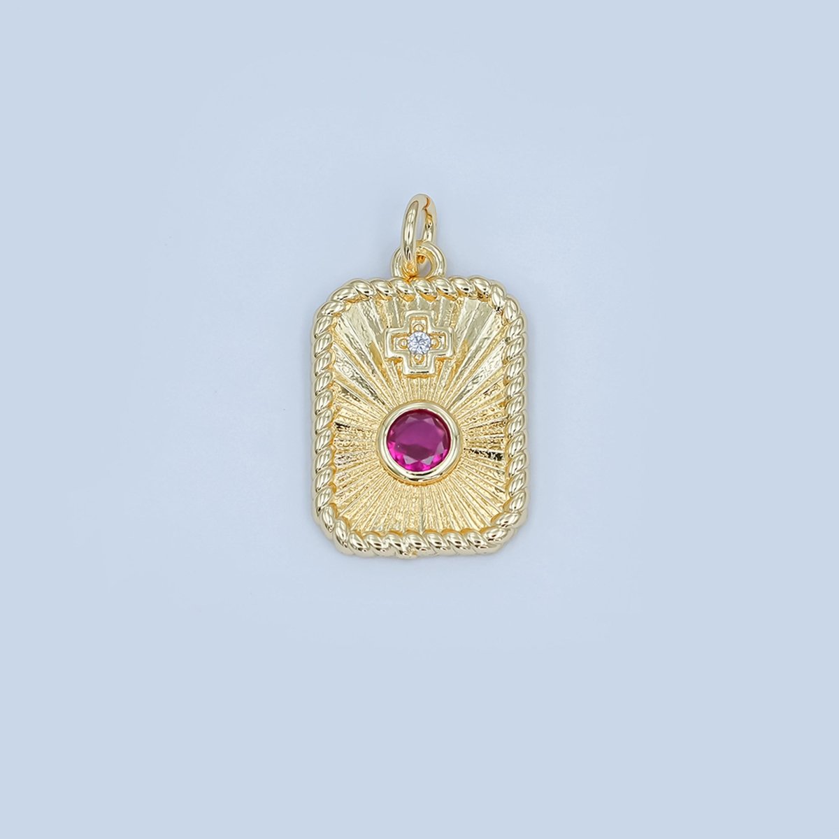 24K Gold Filled Cross Red CZ Sunburst Twisted Bezel Charm | M625 - DLUXCA