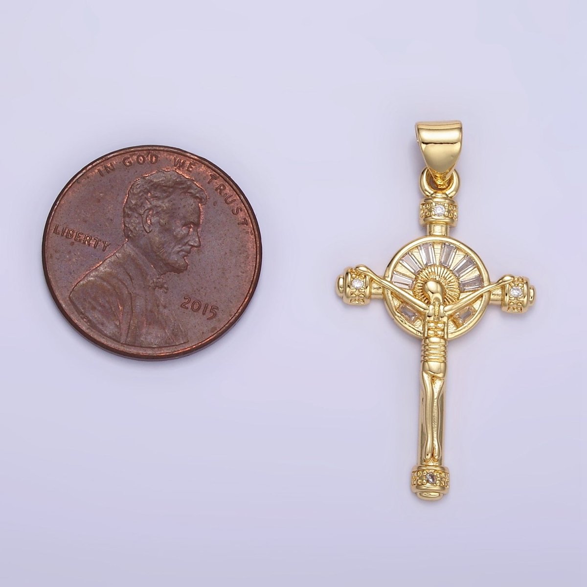 24K Gold Filled Crucifix Cross CZ Baguette Pendant | AA1330 - DLUXCA