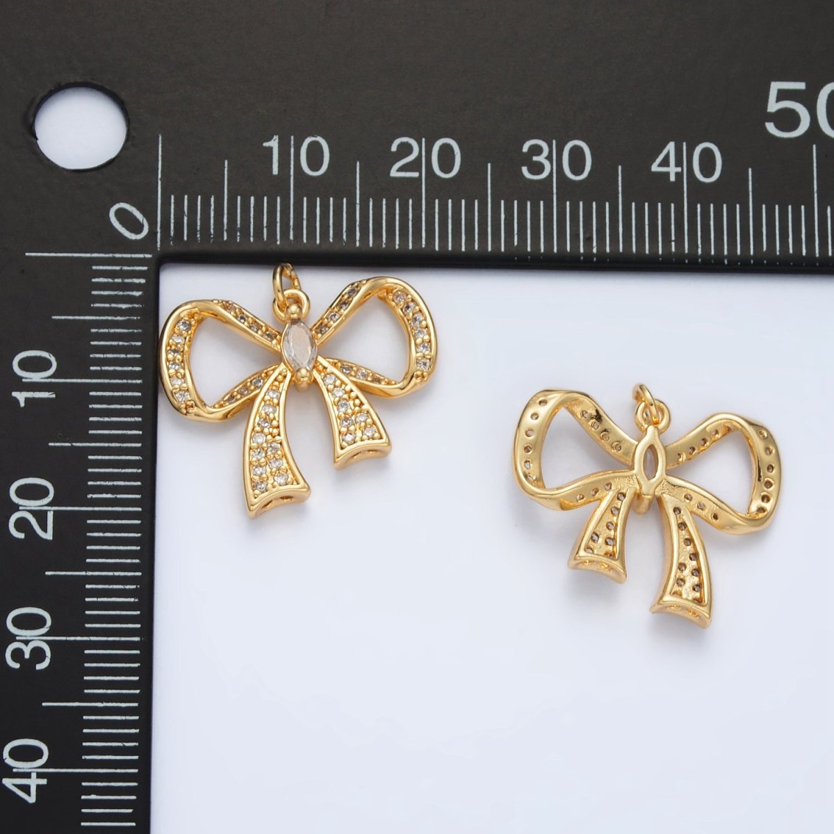 24K Gold Filled Cubic Zirconia Micro Paved Ribbon Bow Charm | D - 865 - DLUXCA