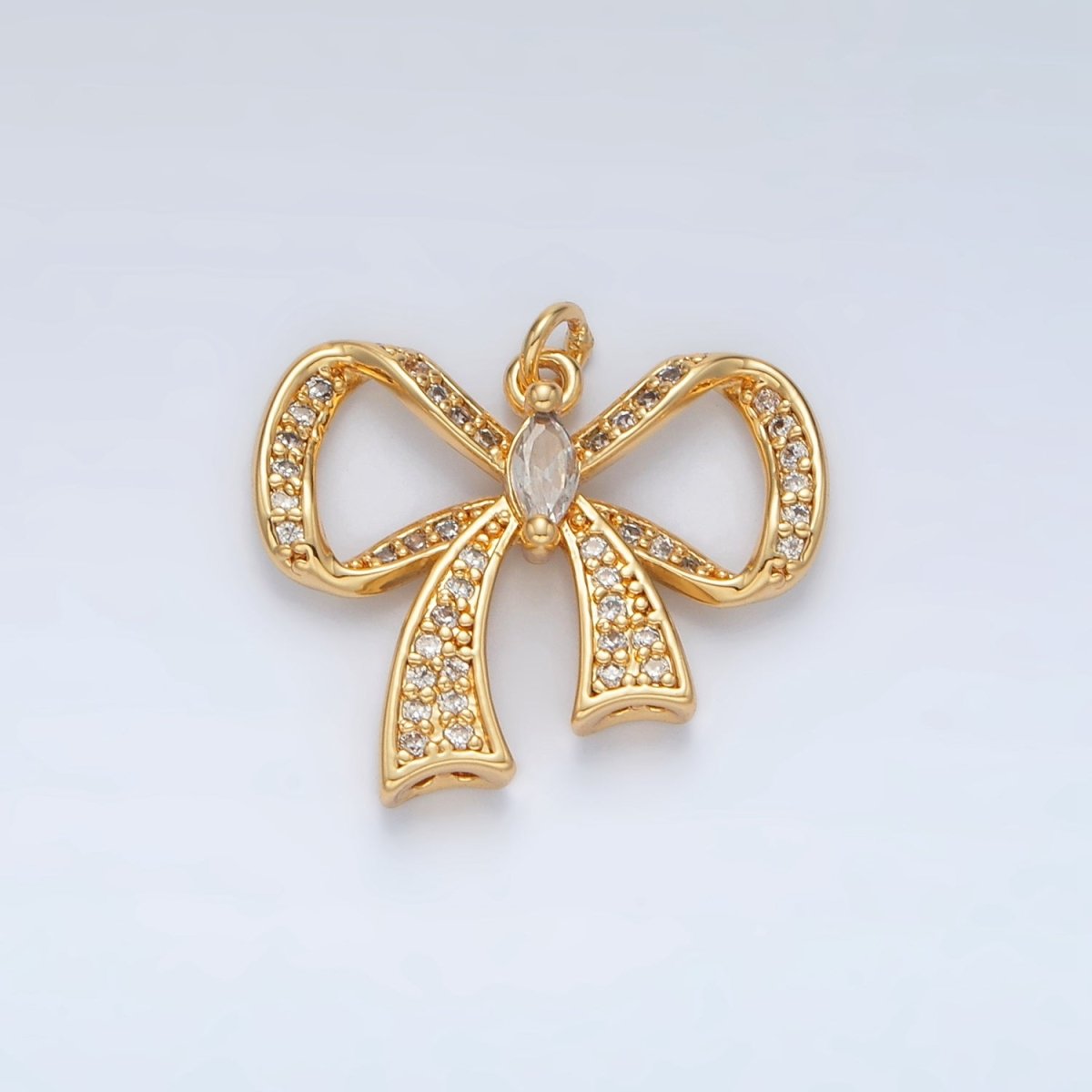 24K Gold Filled Cubic Zirconia Micro Paved Ribbon Bow Charm | D - 865 - DLUXCA