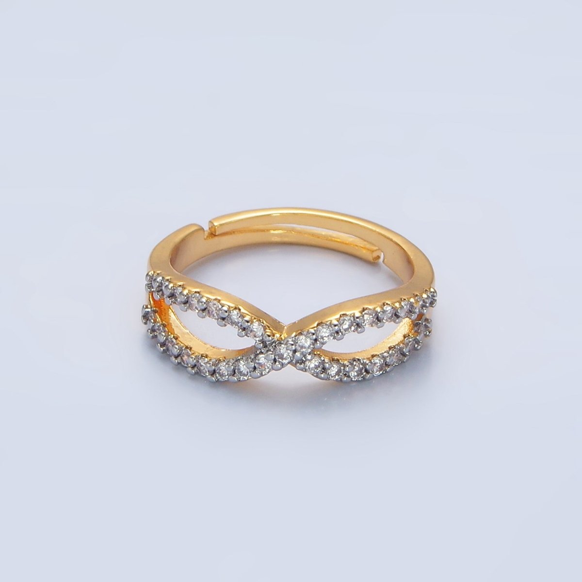 24K Gold Filled Curved Ribbon Micro Paved CZ Mixed Metal Ring | O1409 - DLUXCA