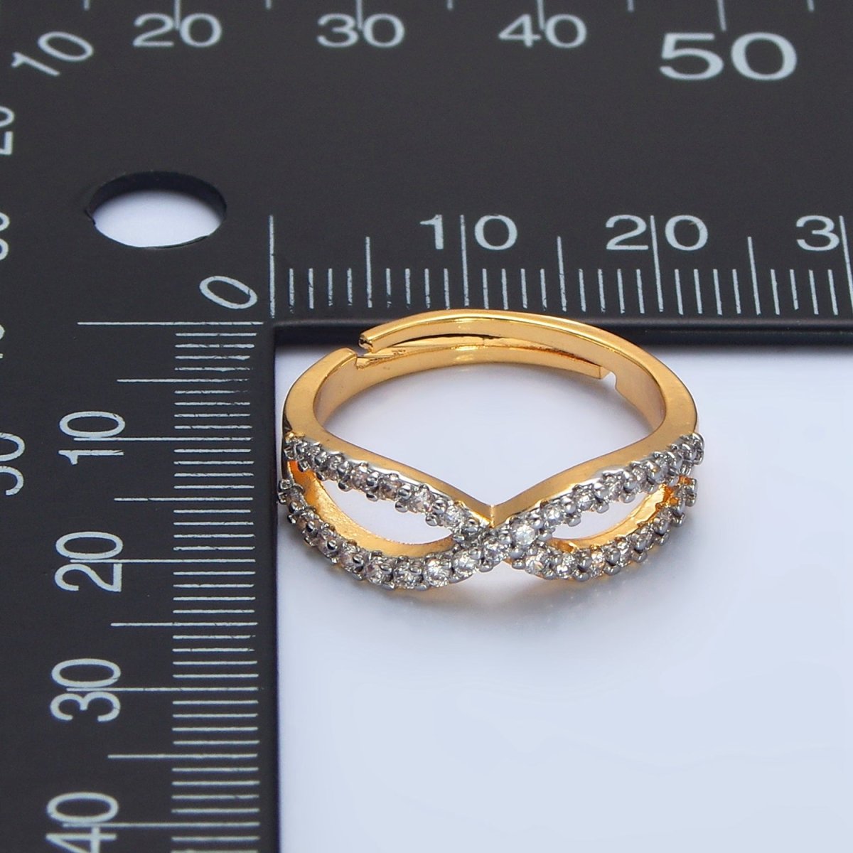 24K Gold Filled Curved Ribbon Micro Paved CZ Mixed Metal Ring | O1409 - DLUXCA