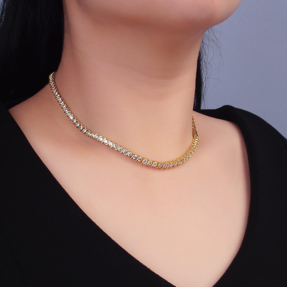24K Gold Filled Curved S - Link Tennis Chain 16 Inch Necklace in Gold & Silver | WA - 3028 WA - 3029 - DLUXCA
