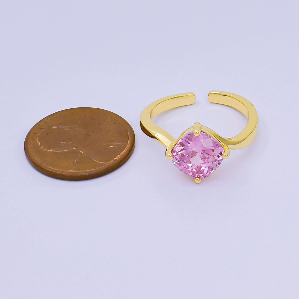 24K Gold Filled Cushion - Cut Multicolor CZ Curvy Square Solitaire Adjustable Ring in Blue, Yellow, & Red | O - 119 O - 121 O - 127 O - 134, O - 136 - O - 140, O - 143 - O - 145, O - 147 O - 148 - DLUXCA