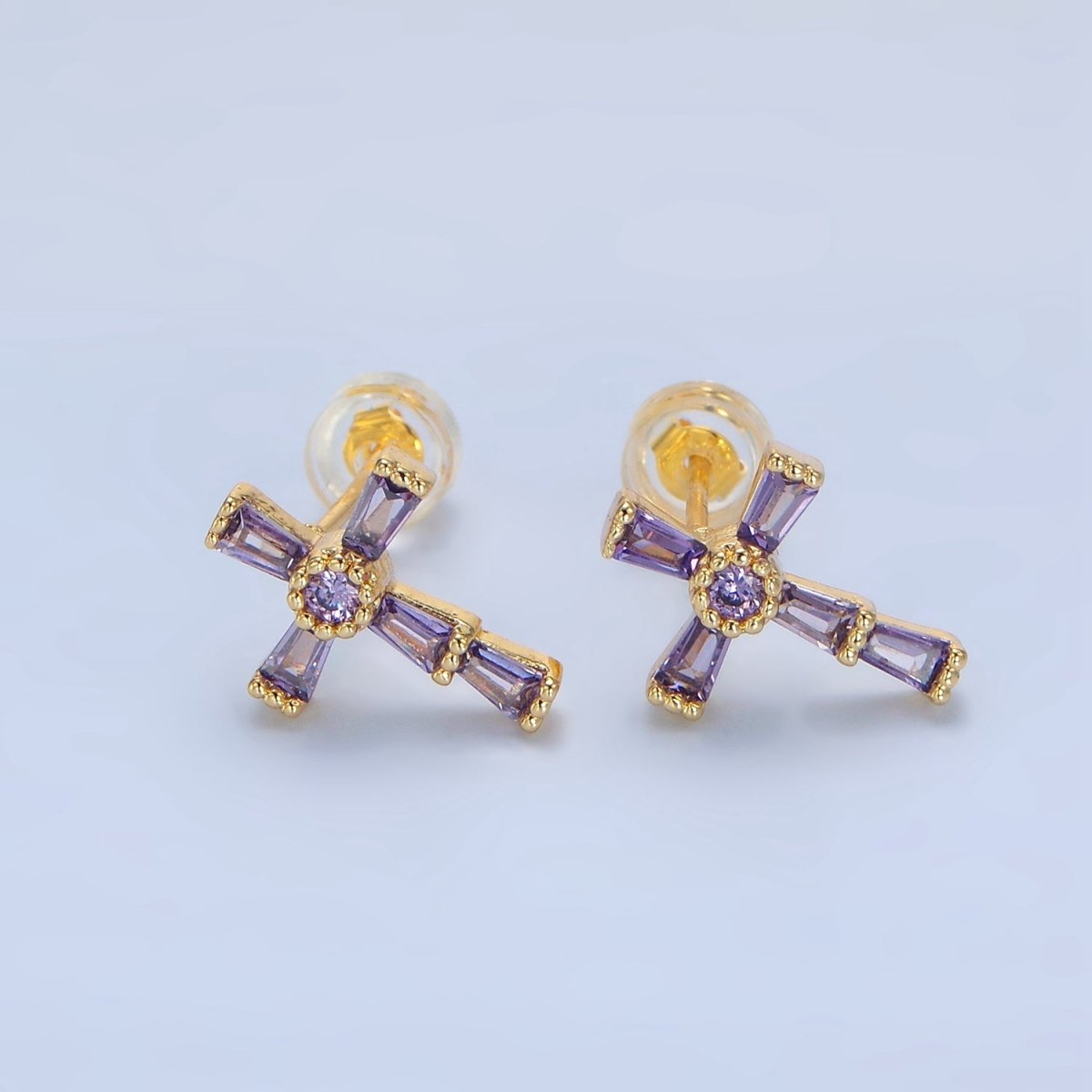 24K Gold Filled CZ Baguette Religious Cross Stud Earrings | P053 P054 P059 P060 - DLUXCA