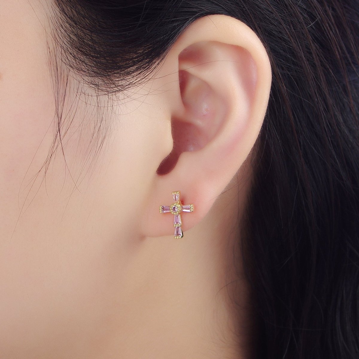 24K Gold Filled CZ Baguette Religious Cross Stud Earrings | P053 P054 P059 P060 - DLUXCA