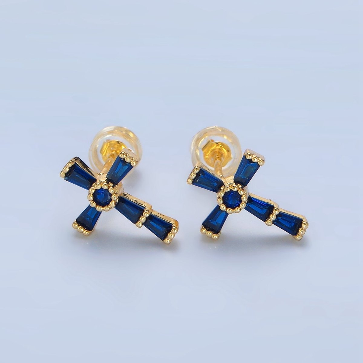 24K Gold Filled CZ Baguette Religious Cross Stud Earrings | P053 P054 P059 P060 - DLUXCA