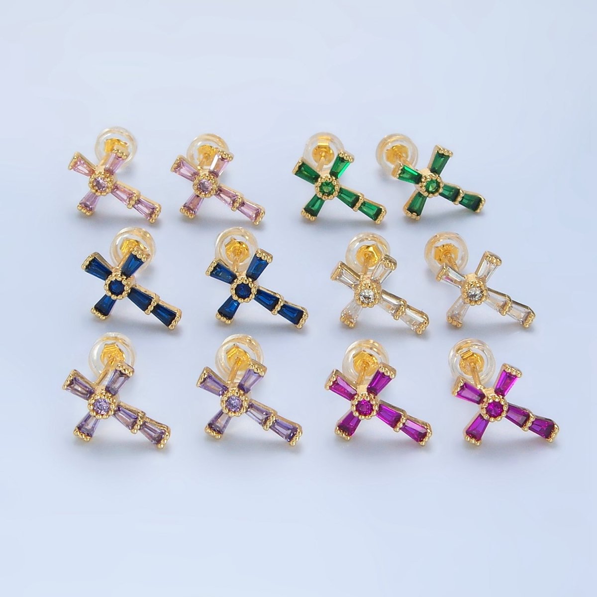 24K Gold Filled CZ Baguette Religious Cross Stud Earrings | P053 P054 P059 P060 - DLUXCA