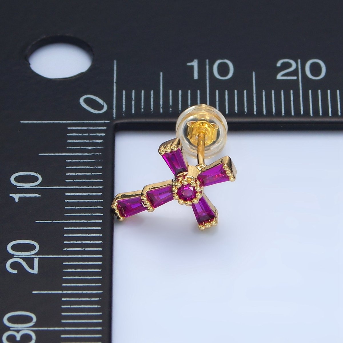 24K Gold Filled CZ Baguette Religious Cross Stud Earrings | P053 P054 P059 P060 - DLUXCA