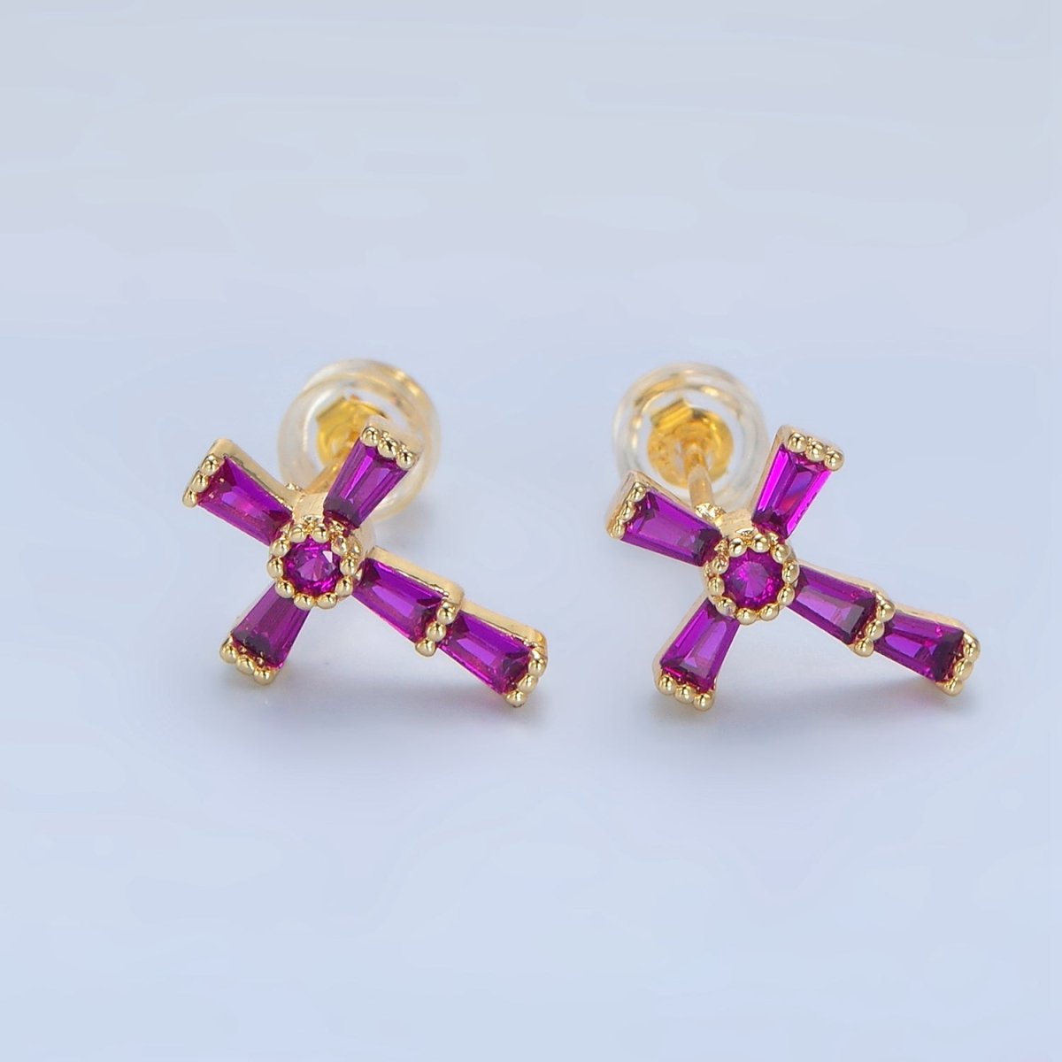 24K Gold Filled CZ Baguette Religious Cross Stud Earrings | P053 P054 P059 P060 - DLUXCA